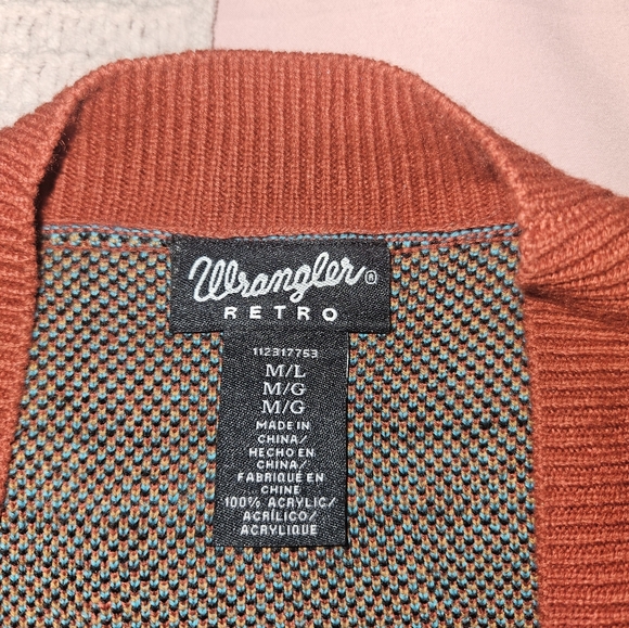 Wrangler Retro Cardigan in Rust with Turquoise and Mustard Accents - Picture 3 of 5